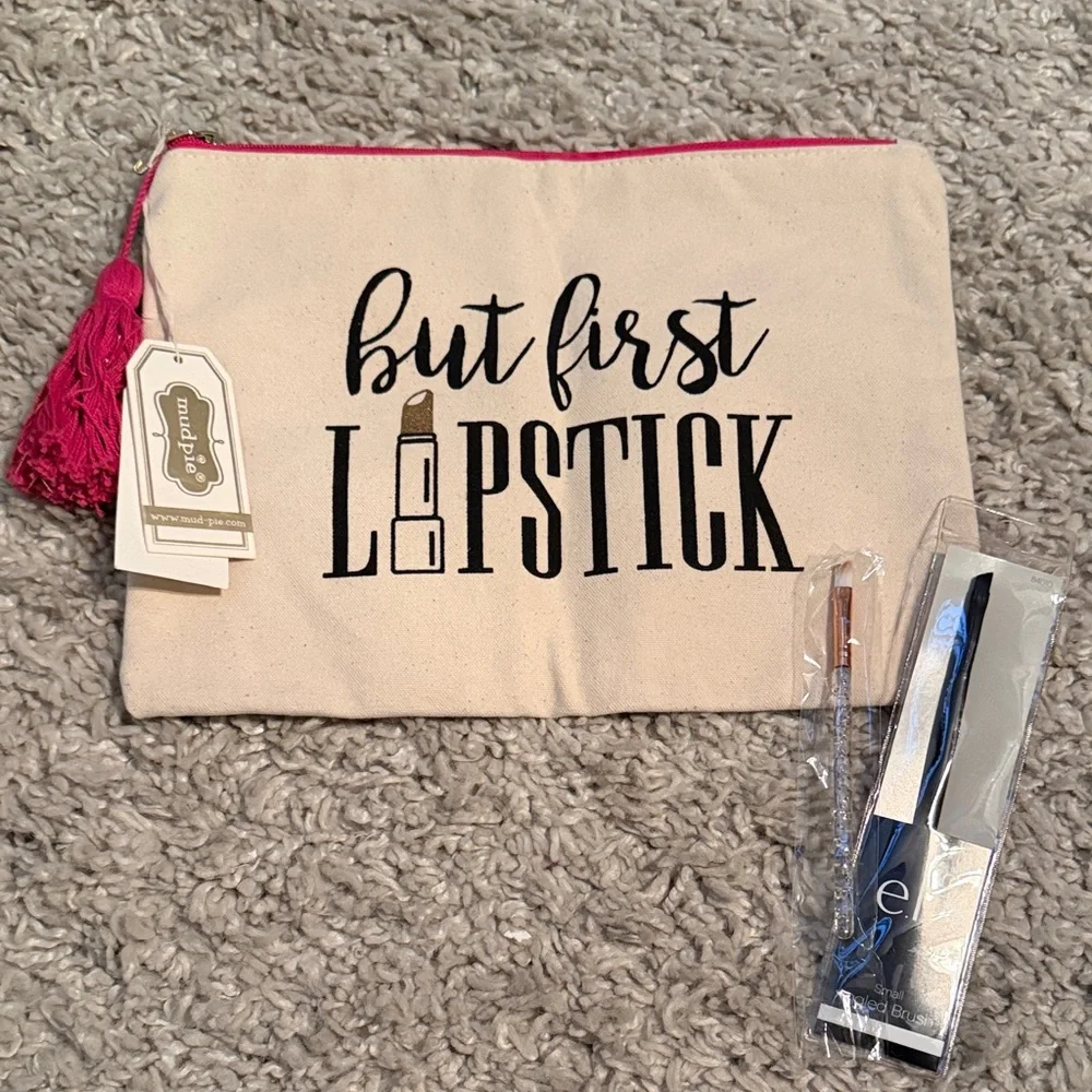 Makeup Pouch - 'But First Lipstick' Canvas Cosmetic Bag with Pink Tassel